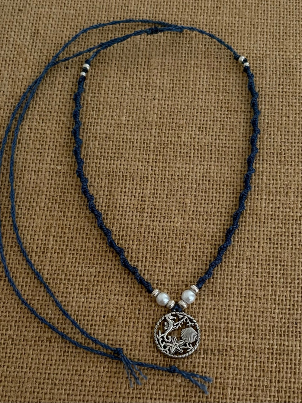 Handbraided Navy Blue Pendant Necklace with Silver Seashell Medallion